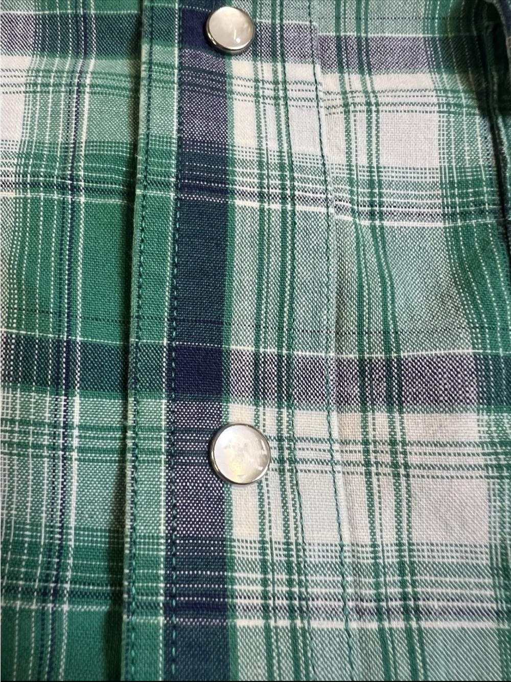 Vintage Wrangler Pearl Snap Short Sleeve Shirt Green Plaid Button Up (See Meas) - Picture 4 of 6